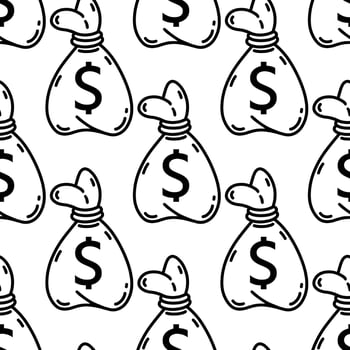 Money bag seamless vector pattern. Sack with American dollar sign. Fabric container tied with a rope, bag with currency. Cash, payment sign. Black and white background, USA bank cents