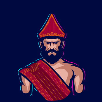 Batak people man Pop Art logo. Colorful toba asian ethnic wedding dress design with dark background. Vector illustration. Isolated dark background for t-shirt, poster, clothing, merch, apparel