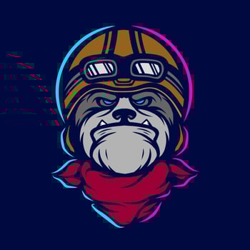 Funny funky bulldog biker pop art logo. Colorful retro dog design with dark background. Abstract vector illustration. Isolated black background for t-shirt, poster, clothing, merch, apparel.