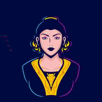 Java costume people woman batik art logo. Colorful Indonesian traditional asian ethnic wedding dress design. Isolated vector dark background illustration.