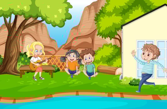 Backyard background with cartoon kids vector