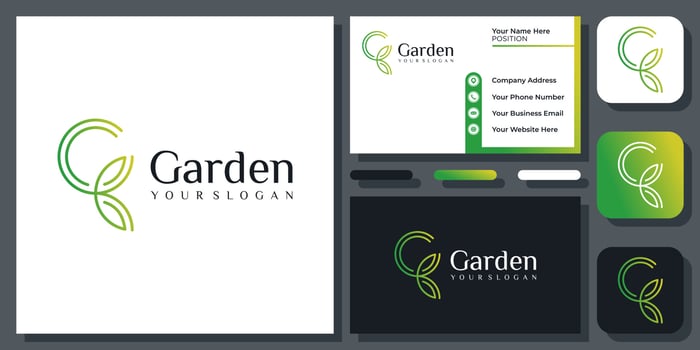 Initial Letter G Green Leaf Organic Nature Fresh Plant Natural Vector Logo Design with Business Card