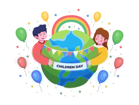 Vector Illustration Happy Group Children Celebrating World Children's Day. Happy International Children's Day. Can be use for greeting card, postcard, poster, banner, web, animation, etc