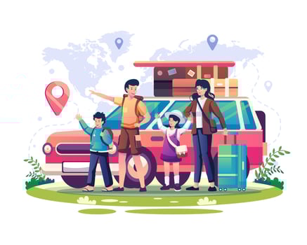 Happy Family traveling on the summer holiday or vacation. Family with children travel around the world by car. Vector illustration in flat style