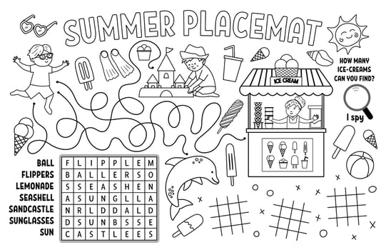 Vector summer placemat for kids. Beach holidays printable activity mat with wordsearch, tic tac toe charts, maze. Black and white play mat or coloring page with cute children, ice-cream, sandcastle.