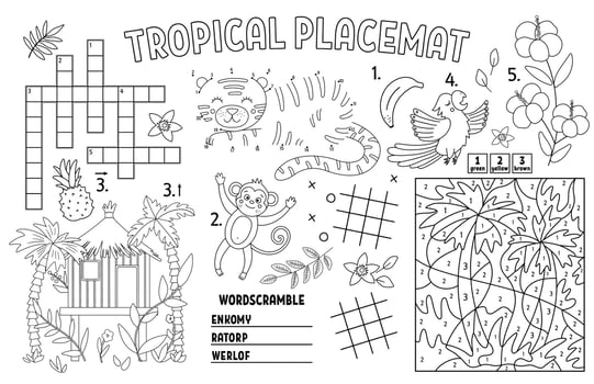 Vector tropical placemat for kids. Exotic summer printable activity mat with crossword, dot-to-dot, maze, color by number. Black and white play mat or coloring page with cute jungle animals, birds.