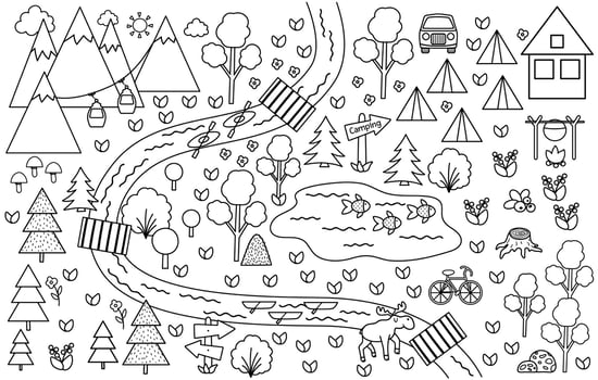 Black and white camping map. Summer camp background. Vector nature clip art, infographic outline elements or coloring page with mountains, forest, river, bike, cable car. Hiking or campfire plan.