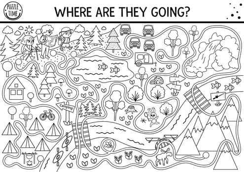 Black and white summer camp maze for children. Active holidays preschool outline printable activity. Family road trip labyrinth game or coloring page with cute hiking kids, camping map, mountains vector