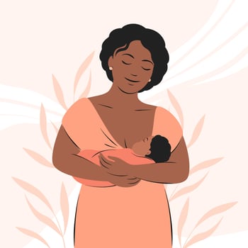 Breastfeeding. Woman with dark skin and hair breastfeeds the baby. Vector illustration.