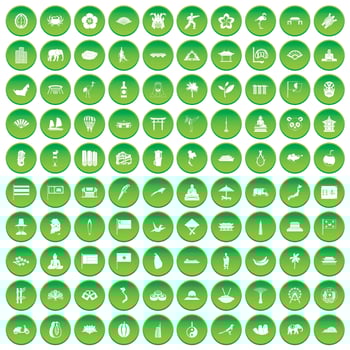 100 asian icons set green circle vector