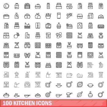 100 kitchen icons set, outline style vector