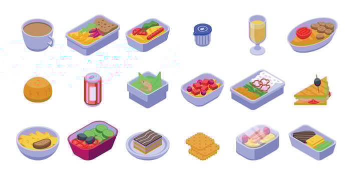 Airline food icons set, isometric style vector