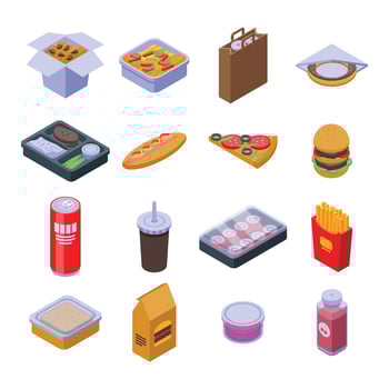 Takeaway food icons set, isometric style vector