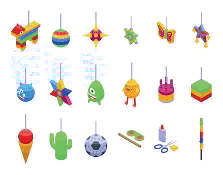 Mexican pinata icons set isometric vector. Holiday animal vector