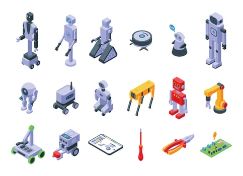 Robotics icons set isometric vector. Tech smart vector
