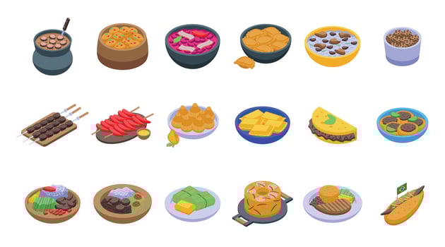 Brazilian culinary icons set isometric vector. Arancini bread vector