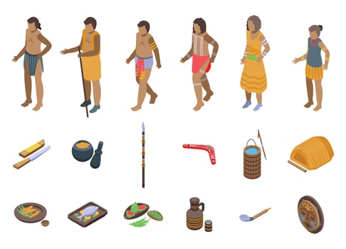 Aborigin icons set isometric vector. Cultural africa vector