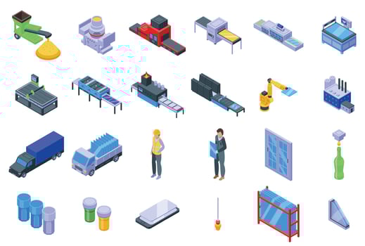 Glass production icons set isometric vector. Raw manufacturing vector