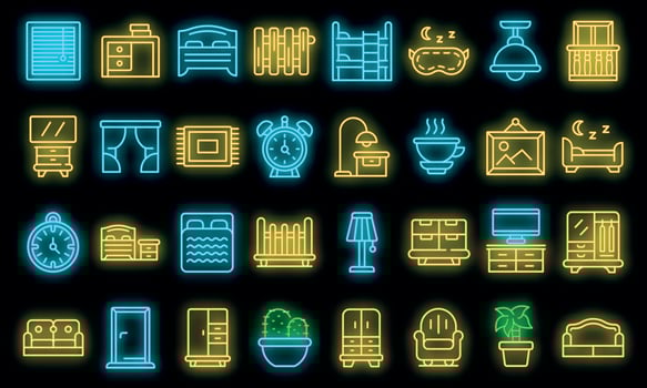Bedroom icons set vector neon