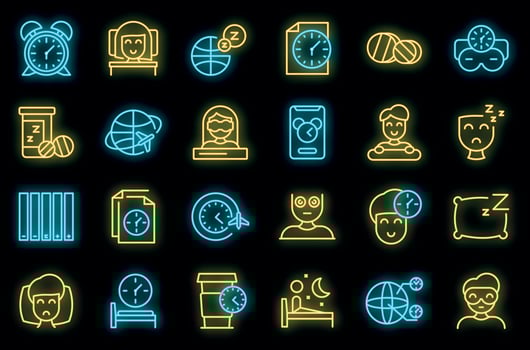 Jet lag icons set vector neon