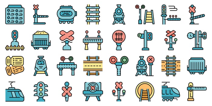 Railway crossing icons set vector flat