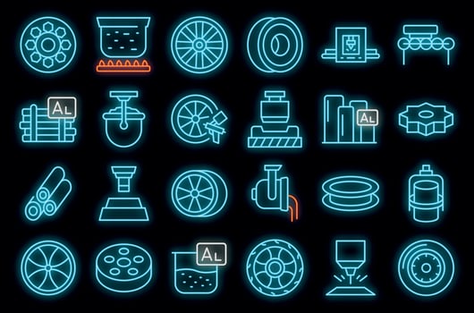 Aluminium wheels icons set outline vector. Car factory vector neon