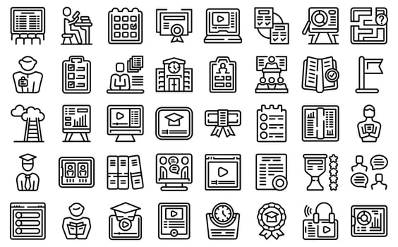 Professional development of teachers icons set outline vector. Webinar personal vector