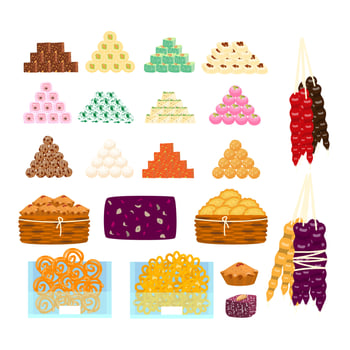Big vector set of different Asian sweets in piramids, in baskets, in glass containers. Churchkhela, sherbet, cakes, pies, lokum, laddu, gujiya, sandesh, gulab jamun, jalebi, rasgulla and others.