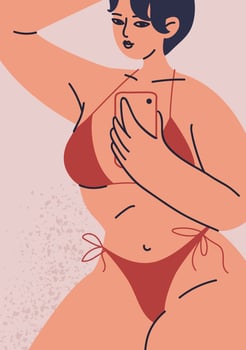 Women's poster, postcard close-up in a swimsuit. Young woman with a phone in her hand and a red bikini. Vector illustration of female beauty and self-love in cartoon style.