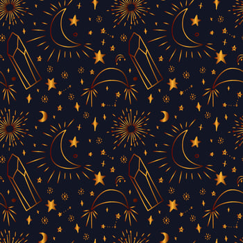 Seamless golden pattern with stars crystals and sparkling crescents. Delicate gold pattern with magical celestial elements. vector