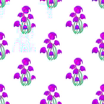 Seamless pattern with magic mushrooms on a white background. A fantastic mushroom pattern of purple hats and green stalks in a checkerboard pattern. Vector illustration of unreal mystical, alien plant