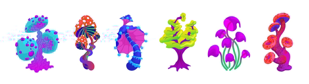 A set of fantastic mushrooms. Collection of a variety of fabulous mushroom plants. Magical alien plants of different shapes and colors. Vector illustration of an alien group on a white background.