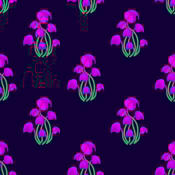 Seamless pattern with magic mushrooms on a dark background. Fantastic mushrooms in a checkerboard pattern. Vector illustration of unreal mystical, alien plants.