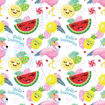 Summer pattern with flamingos, watermelon, lemon, pineapple and tropical leaves vector