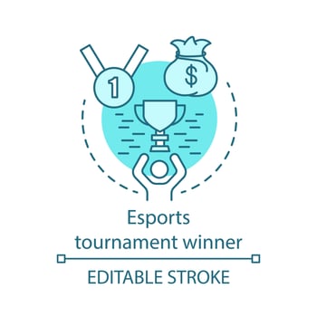 Esports tournament winner concept icon. Gamer with award. Champion cup. Competition champion trophy. E sports competition idea thin line illustration. Vector isolated outline drawing. Editable stroke