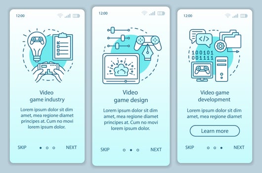Video game industry onboarding mobile app page screen vector template. Computer game development, design. Walkthrough website steps with linear illustrations. UX, UI, GUI smartphone interface concept