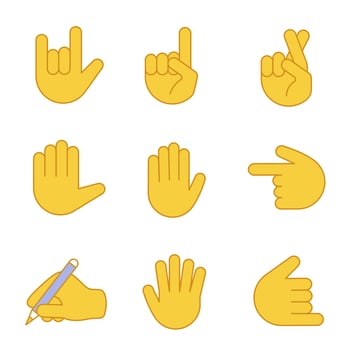Hand gesture emojis color icons set. Love you, rock on, backhand index pointing left and up, luck, lie, high five, counting five, shaka gesturing, writing hand. Isolated vector illustrations