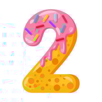 Donut cartoon two number vector illustration. Biscuit font style. Glazed bold symbol with icing. Tempting flat design typography. Cookies, waffle math sign. Pastry, bakery isolated clipart