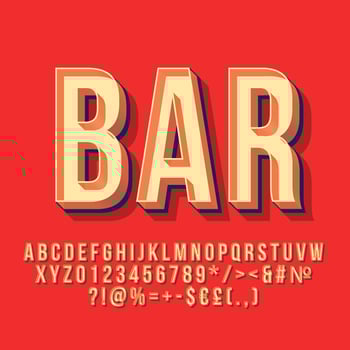 Bar 3d vintage vector lettering. Retro bold font. Pop art stylized text. Old school style letters, numbers, symbols pack. 90s, 80s poster, banner, signboard typography design. Red color background