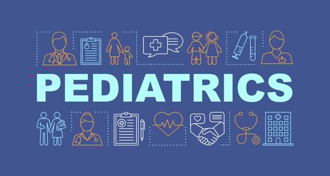 Pediatrics word concepts banner. Diagnosis of children. Presentation, website. Isolated lettering typography idea, linear icons. Care for kids sickness, disorder therapy. Vector outline illustration
