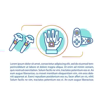 VR motion controllers concept linear illustration. Virtual reality devices. Haptic gloves, wireless controller, console. Article, brochure, magazine page. Print design. Vector isolated outline drawing