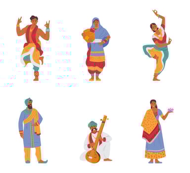 Vector Set Of Indian Characters Men And Women In Traditional Outfits. Isolated On White.