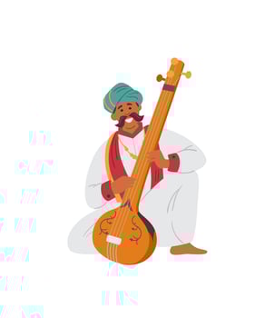 Indian Man In Turban Playing Traditional String Musical Instrument Tampura. Vector Illustration. Isolated On White.