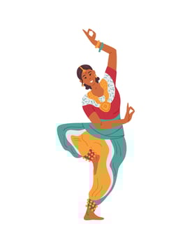 Indian Woman In Traditional Outfit Dancing. Asian Female Character Vector Illustration. Isolated On White.
