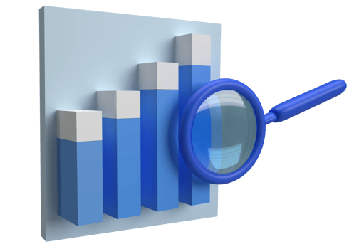 bar graph with magnifying glass  for web analytics 3d rendering png