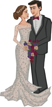 Elegant bride wearing exquisite wedding gown and groom dressed in luxurious tailcoat and top hat. Pair of newlyweds isolated on white background. High quality illustration vector