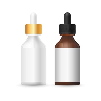 Set of realistic empty packages of beauty products for body. Collection of blank template of container for serum or oil pipette white, brown, transparent glass. Mock up illustration isolated on white. vector