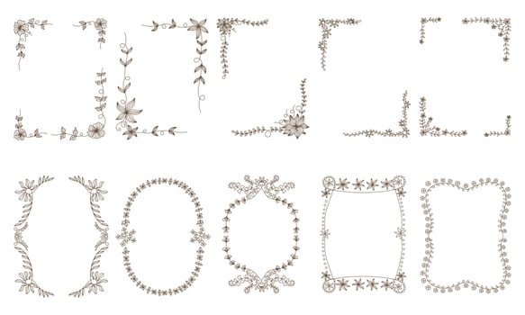 Flowers frame set designed with brown lines in doodle style on white background for digital printing, wedding card, scrapbook, cover design, label printing and more. vector