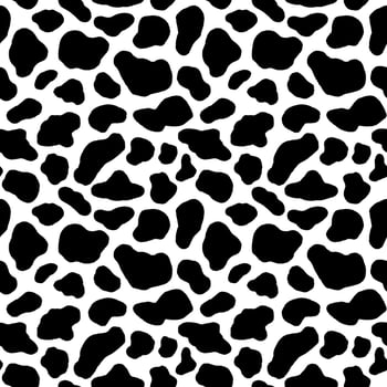 Cow hide seamless pattern. Holstein cattle texture. Cow skin pattern with smooth black and white texture. Dalmatian dog stains print. Black spots background. Animal skin template. Vector illustration
