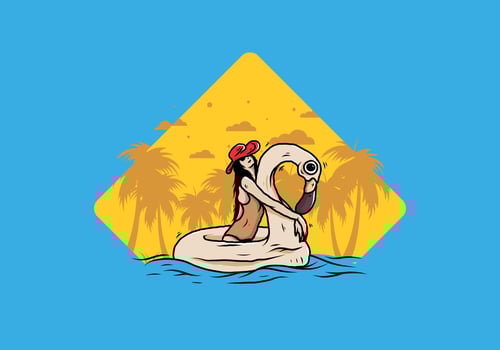 Girl wearing beach hat in an inflatable lifebuoy Flamingo illustration vector